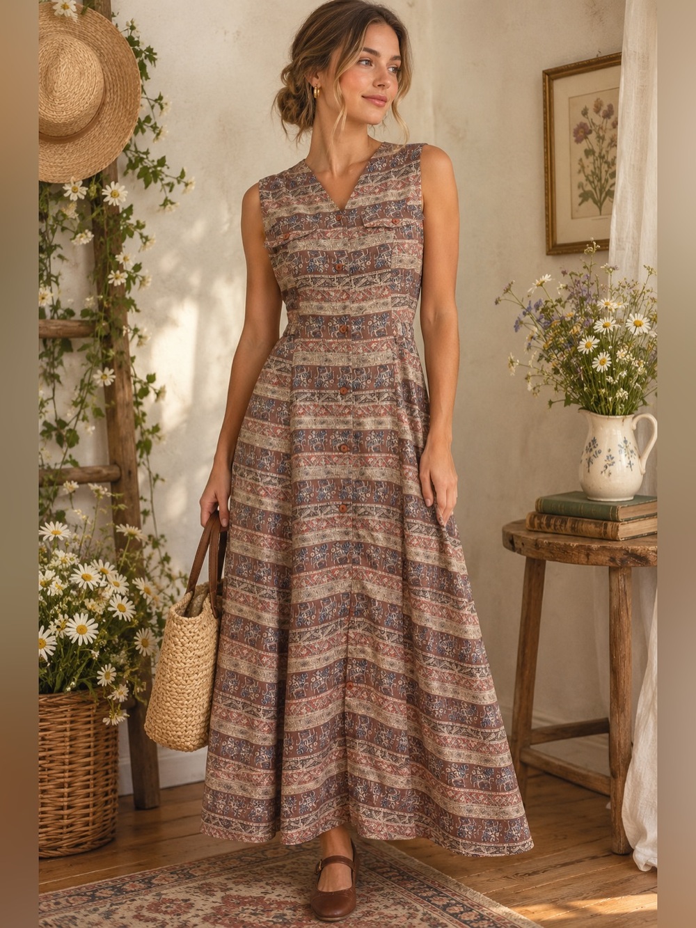 Vintage Folk- inspired Print Cottagecore 100% Silk Maxi Dress v-neck